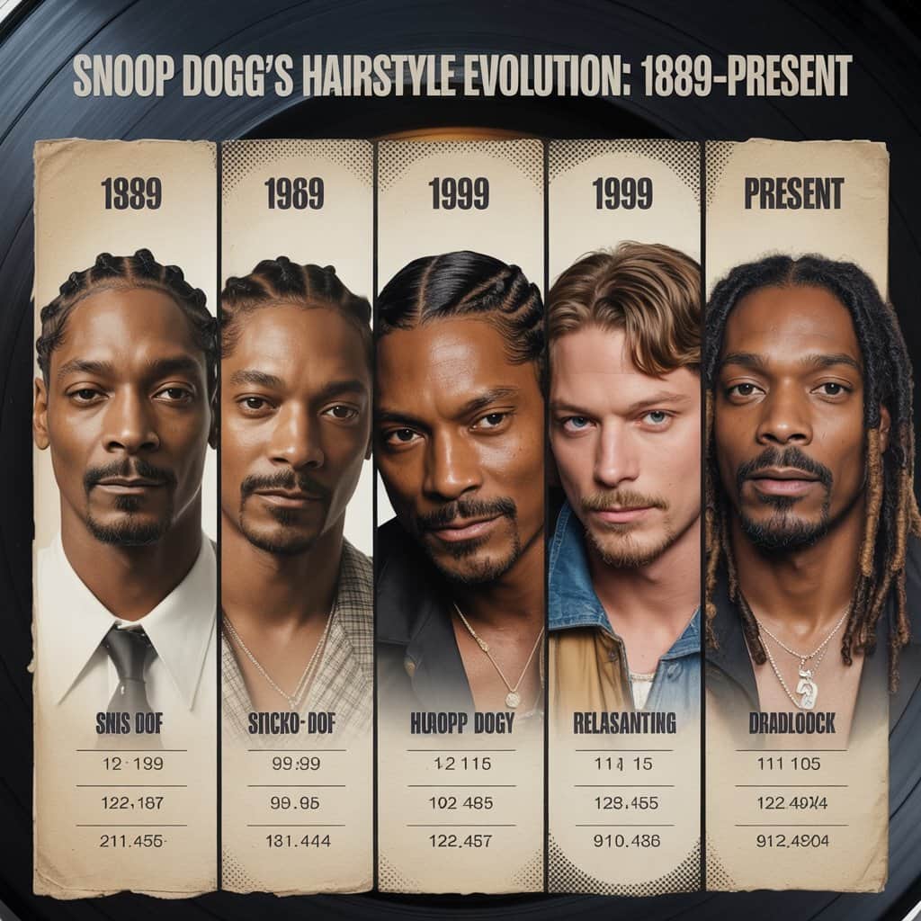 From Death Row cornrows to modern locs – three decades of iconic hairstyles Timeline showing Snoop Dogg's hair evolution from cornrows to dreadlocks across different decades