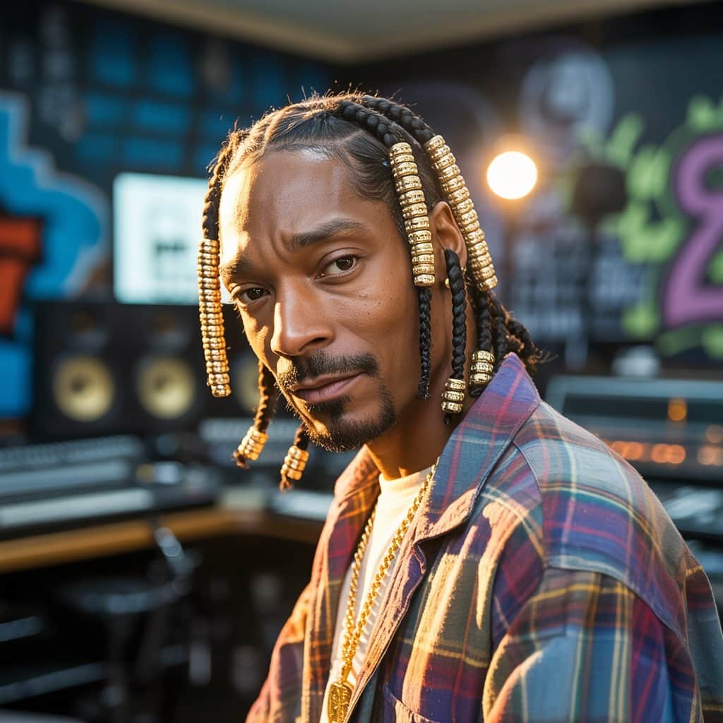 Snoop Dogg sporting his signature braided hairstyle during the 1990s Death Row Records era