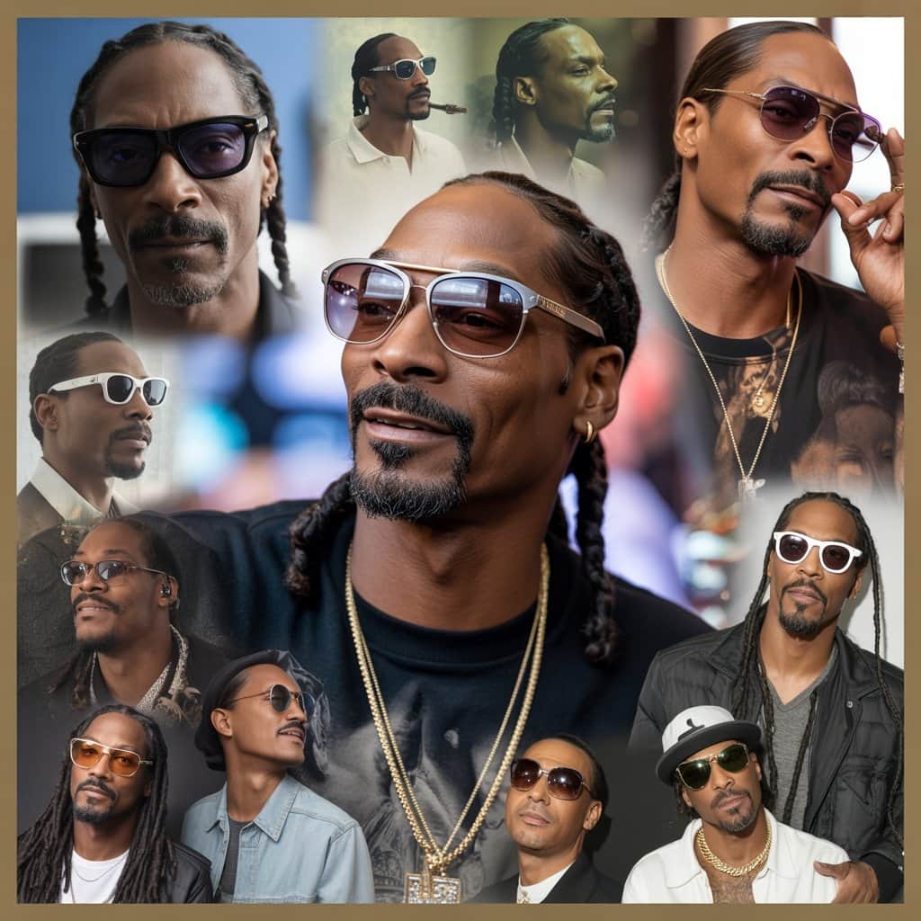 Snoop Dogg wearing various iconic sunglasses styles throughout his career evolution