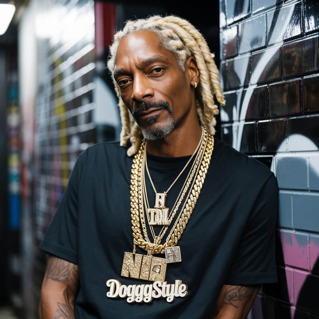 The Doggfather’s jewelry choices have influenced hip-hop fashion for over three decades Snoop Dogg wearing multiple gold chains and pendants showcasing his iconic jewelry style