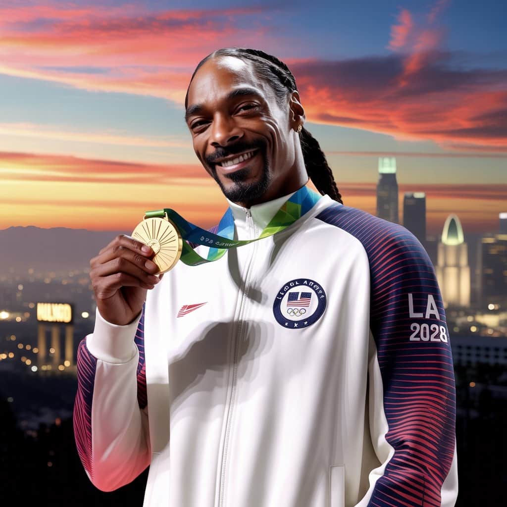 The Doggfather’s Olympic legacy points toward an exciting future Artistic rendering of Snoop Dogg at future LA 2028 Olympics with city skyline