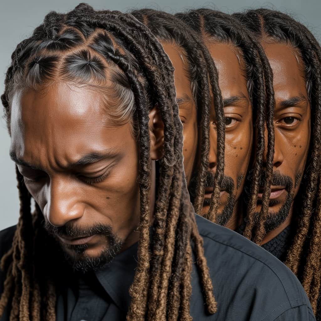 Detailed progression showing how Snoop’s locs developed from starter phase to mature formation Close-up comparison of Snoop Dogg's dreadlock texture development over different years