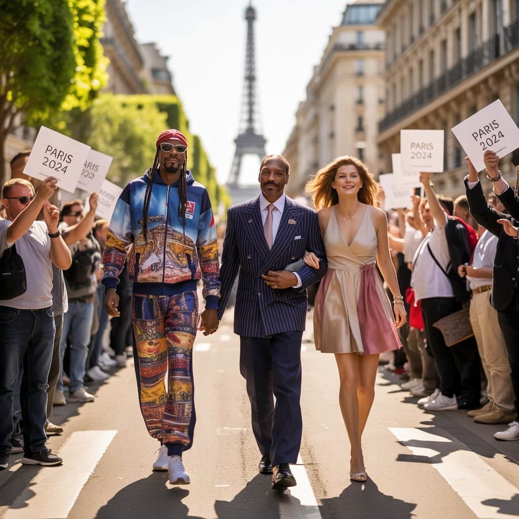 Hip-hop legends and French cultural ambassadors share the Olympic spotlight Snoop Dogg with MC Solaar and Laetitia Casta during Olympic torch relay in Saint-Denis