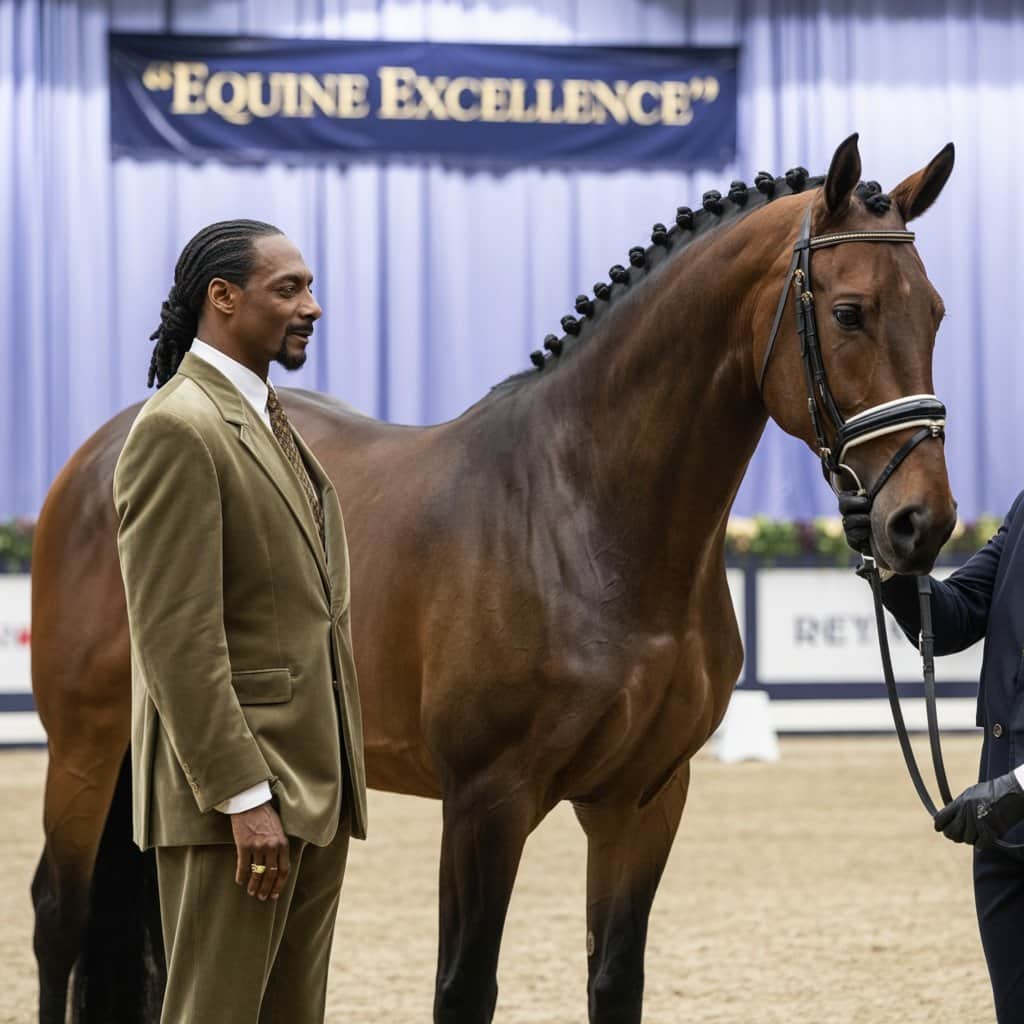 Snoop Dogg’s first encounter with Olympic-level dressage horses Snoop Dogg carefully approaching an Olympic dressage horse with trainer guidance