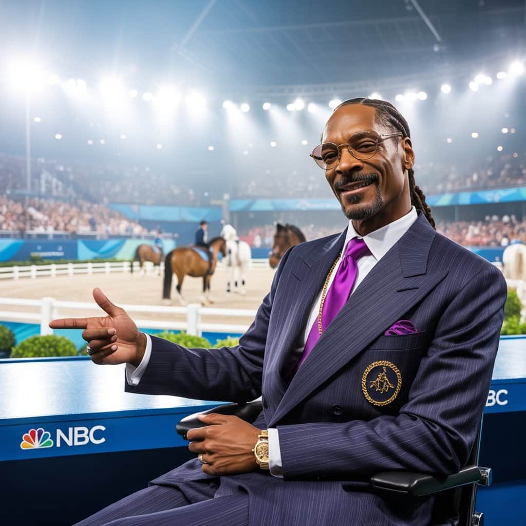 The Doggfather bringing his unique perspective to Olympic equestrian coverage Snoop Dogg at NBC Olympic commentary desk with equestrian arena in background