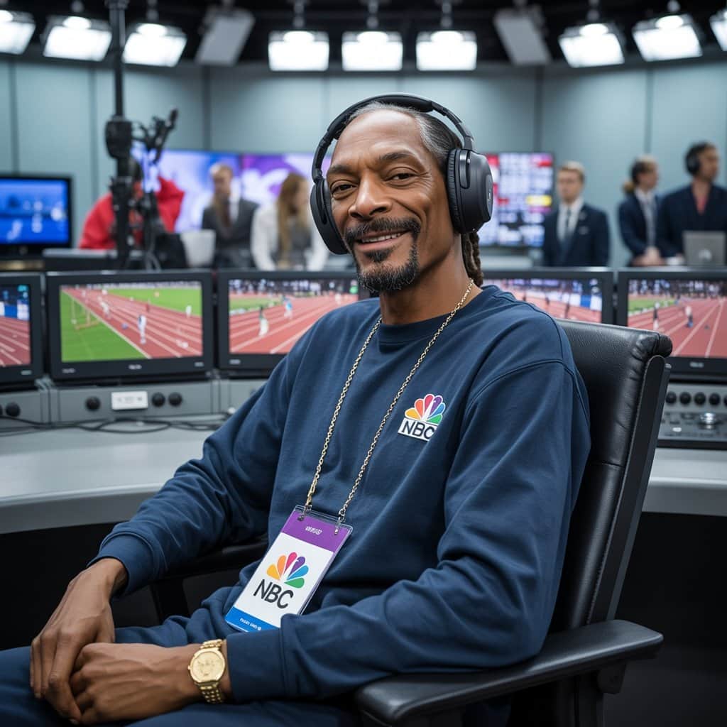 Professional broadcasting meets authentic entertainment Snoop Dogg in NBC commentary booth during Olympic Games coverage