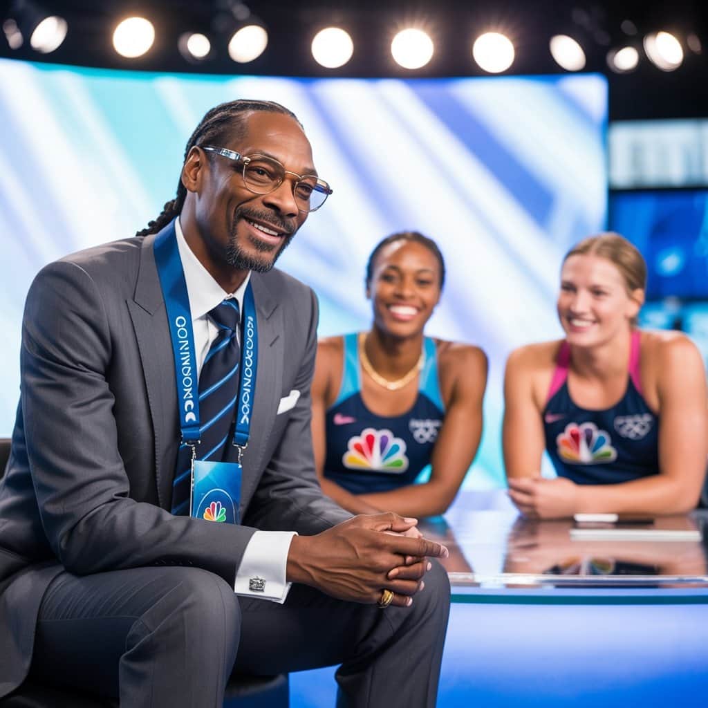 Snoop brings his unique interview style to Olympic athlete conversations Snoop Dogg in NBC correspondent setup interviewing Olympic athletes in Paris