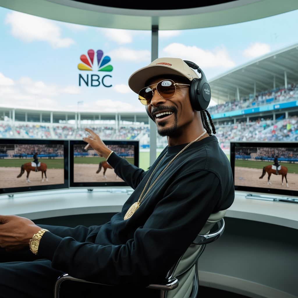 The legendary rapper turned Olympic correspondent brings street wisdom to elite sports Snoop Dogg in NBC Olympic commentary booth wearing signature style