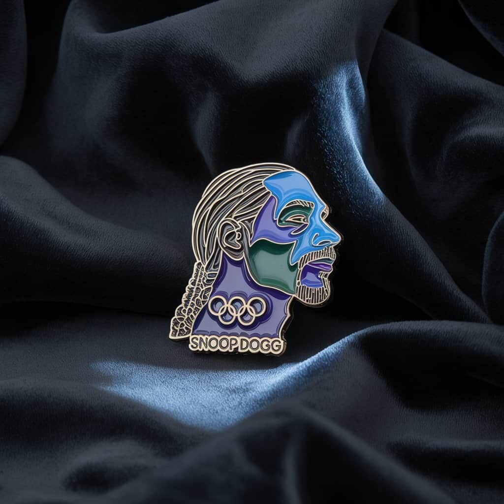 The distinctive pin that became a viral sensation during the 2024 Paris Olympics Snoop Dogg Olympic pin featuring his silhouette blowing Olympic rings as smoke