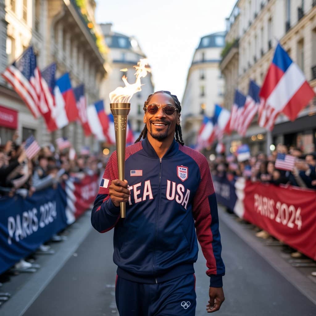 The Doggfather makes history as an Olympic torchbearer in Paris Snoop Dogg carrying the Olympic torch through Saint-Denis during Paris 2024 Olympics