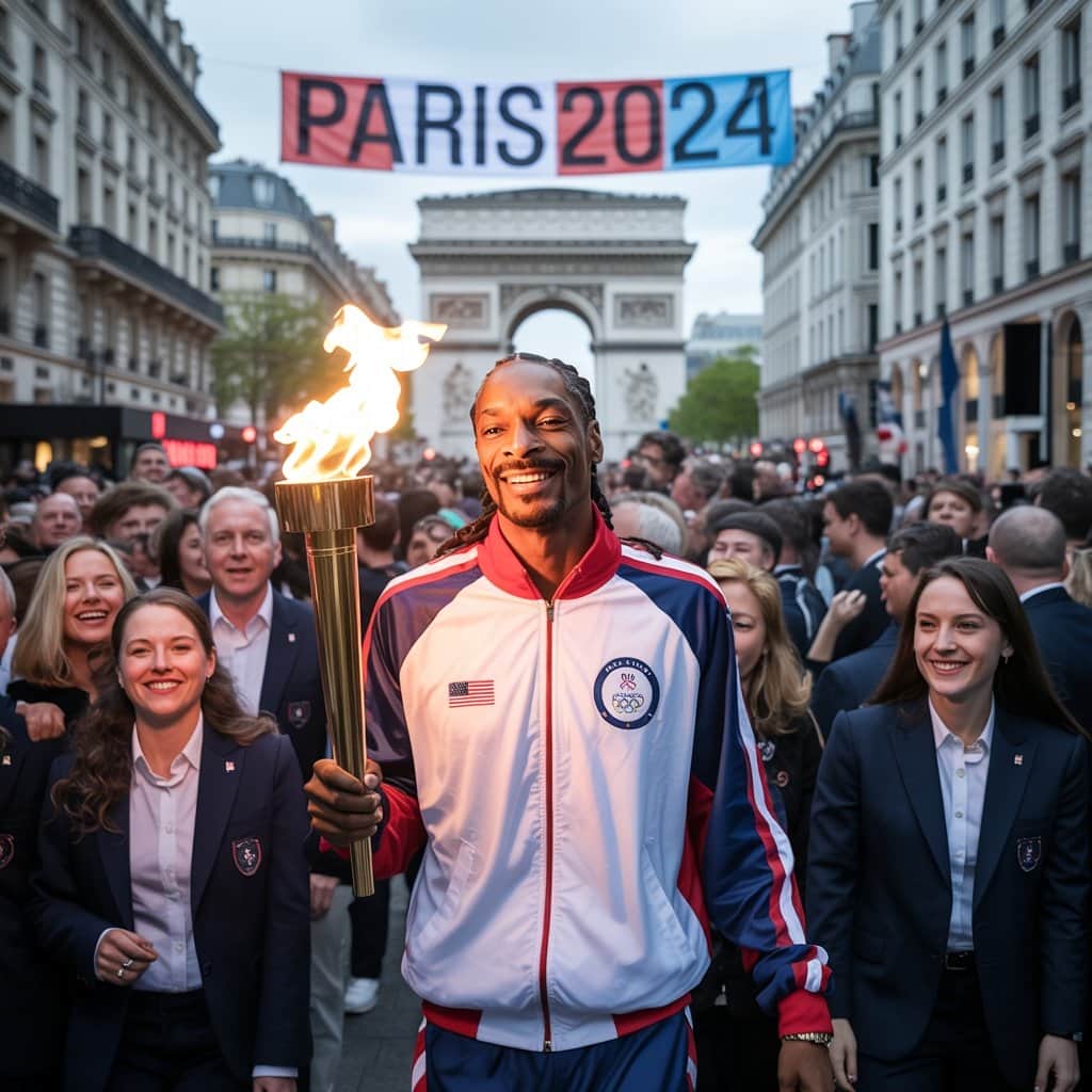 Snoop Dogg carrying the Olympic torch through Paris streets during 2024 Olympics