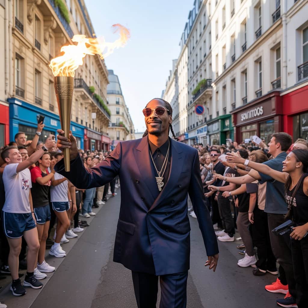 The Doggfather lights up Paris with his signature style during the Olympic torch relay Snoop Dogg carrying the Olympic torch through Saint-Denis streets during Paris 2024 Olympics