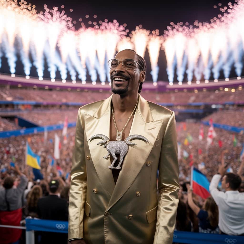 The rap legend’s bling sparked global conversations at Paris 2024 Snoop Dogg wearing his iconic GOAT pendant necklace at the 2024 Paris Olympics opening ceremony