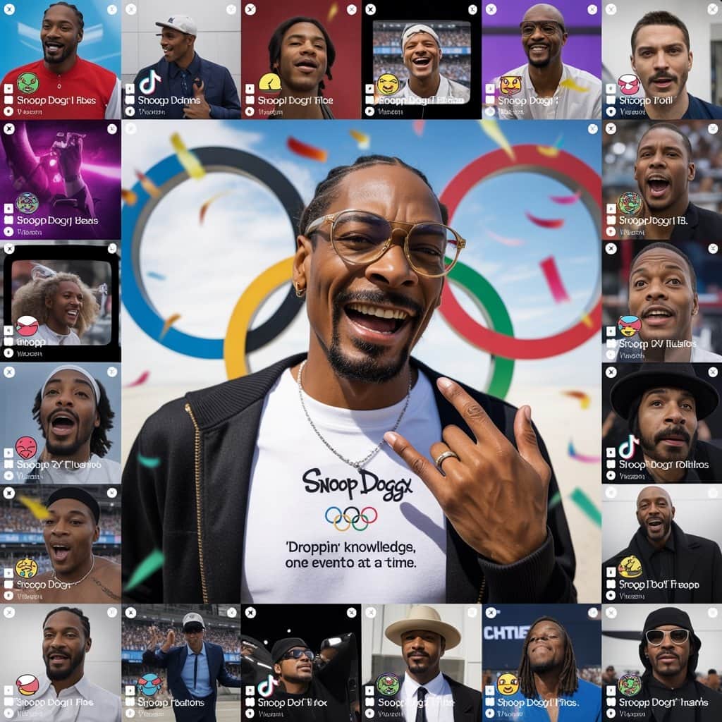 How the Doggfather dominated digital conversations Collage of viral social media posts featuring Snoop Dogg's Olympic commentary