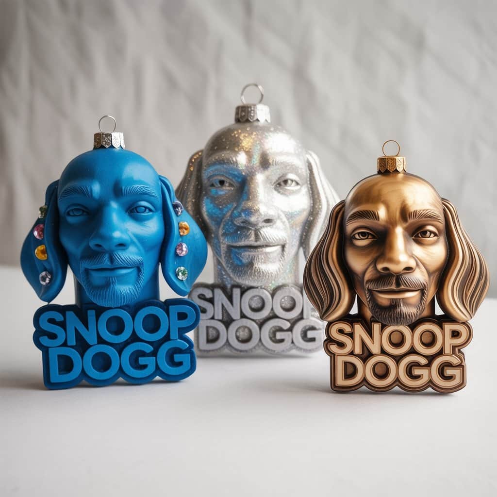 Choose from various materials based on your preferences Different materials used for Snoop Dogg ornaments including felt, glass, and wood