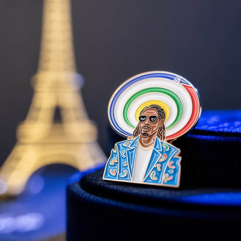 The intricate design features Olympic-colored smoke rings and the iconic Eiffel Tower backdrop Close-up detailed view of Snoop Dogg Olympic pin design
