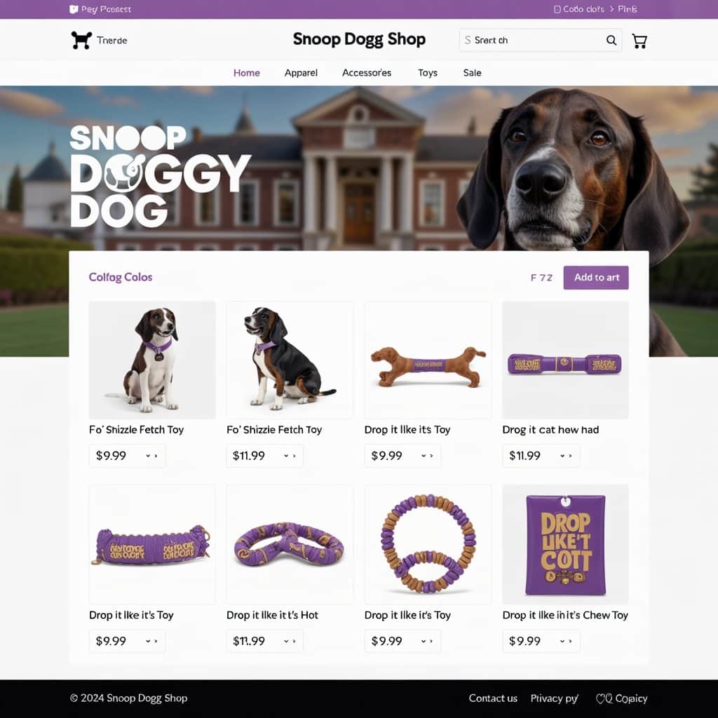 The official website provides the complete collection with guaranteed authenticity Screenshot of SnoopDoggShop.com showing dog toy collection and purchasing options