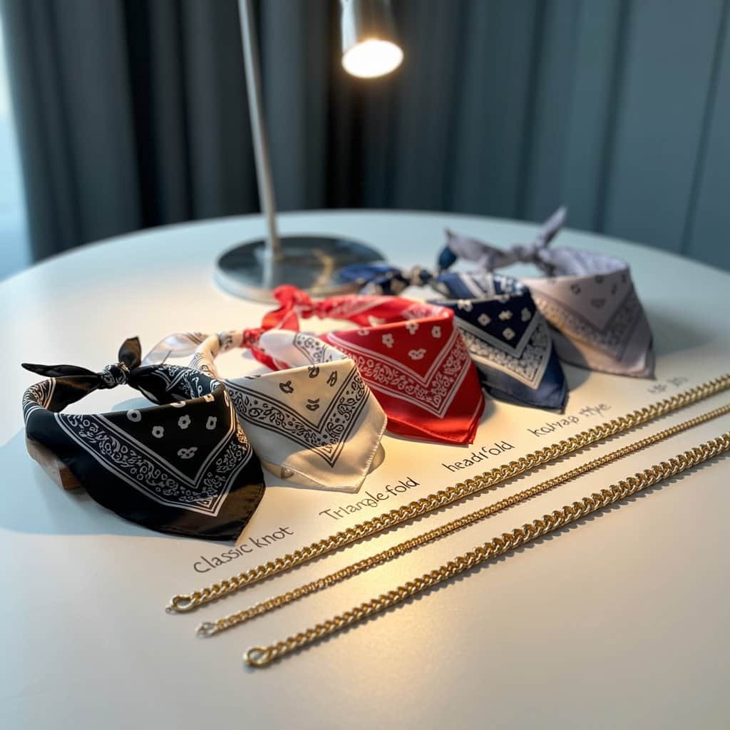 Close-up shots of young Snoop Dogg's signature 90s accessories including bandanas and gold chains