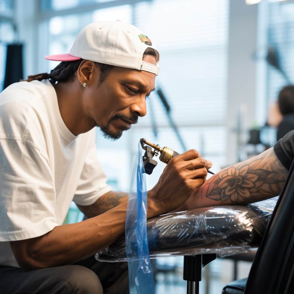 Master artists and legendary musicians creating permanent masterpieces Snoop Dogg working with master tattoo artist in professional studio setting