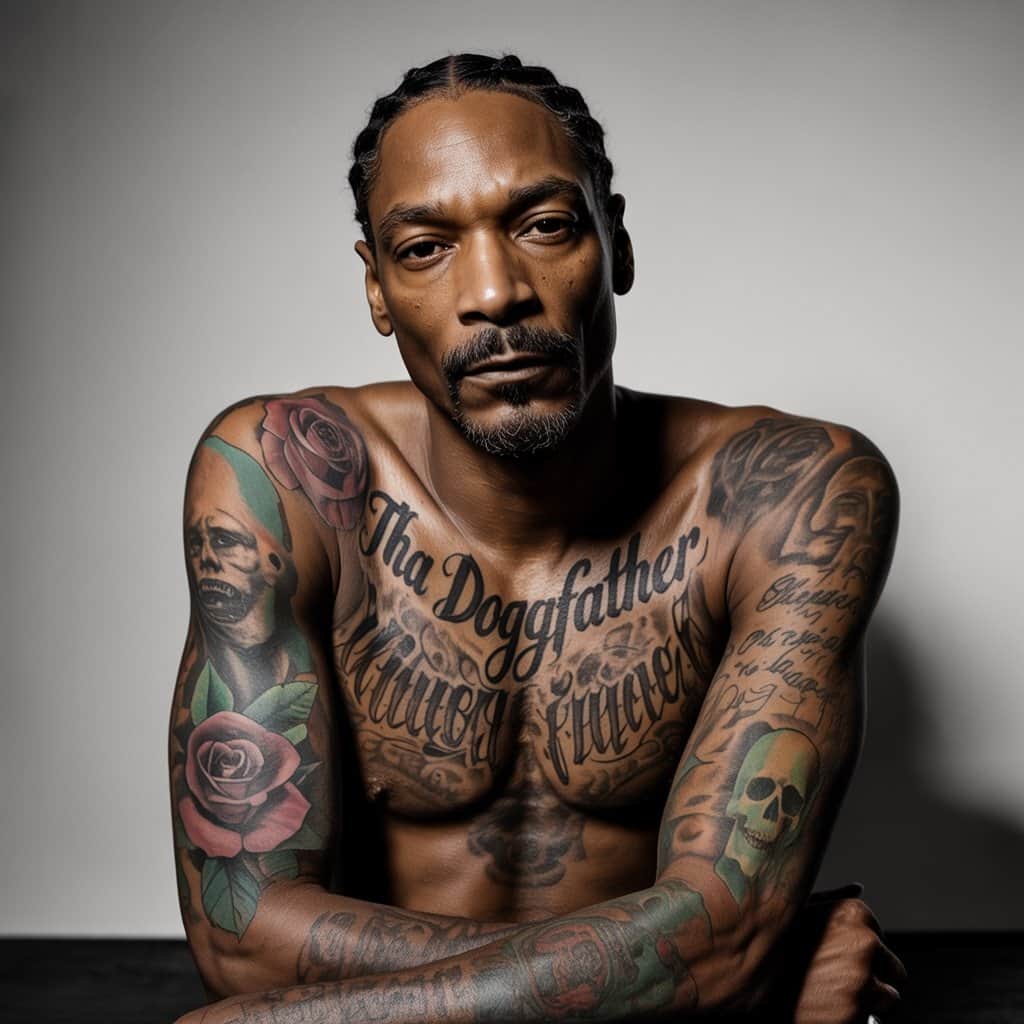 Snoop Dogg displaying his collection of tattoos including family portraits and West Coast symbols
