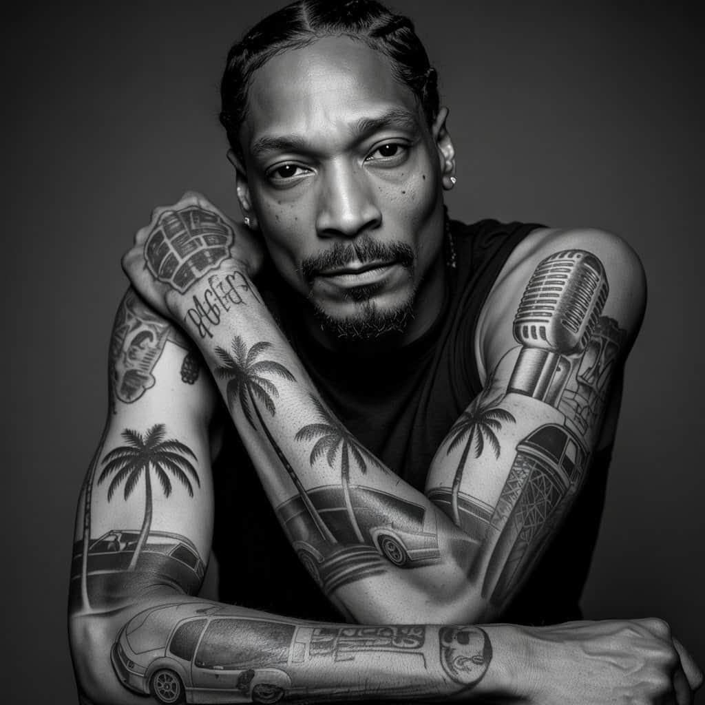 Geographic pride and cultural identity expressed through permanent ink Snoop Dogg's West Coast pride tattoos showing regional symbols and Long Beach references
