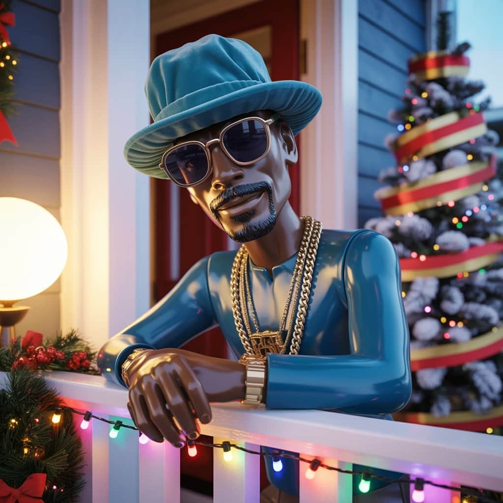 The cultural phenomenon redefining Christmas traditions for hip-hop families Snoop on the Stoop collectible figure positioned next to traditional Christmas decorations