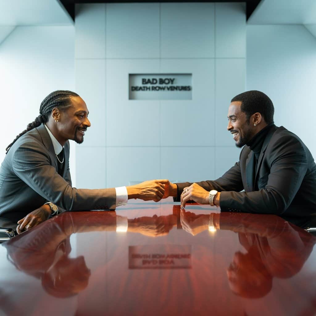 From coast rivals to business mentors and collaborative partners Modern photo of Snoop Dogg and Diddy together at a business event