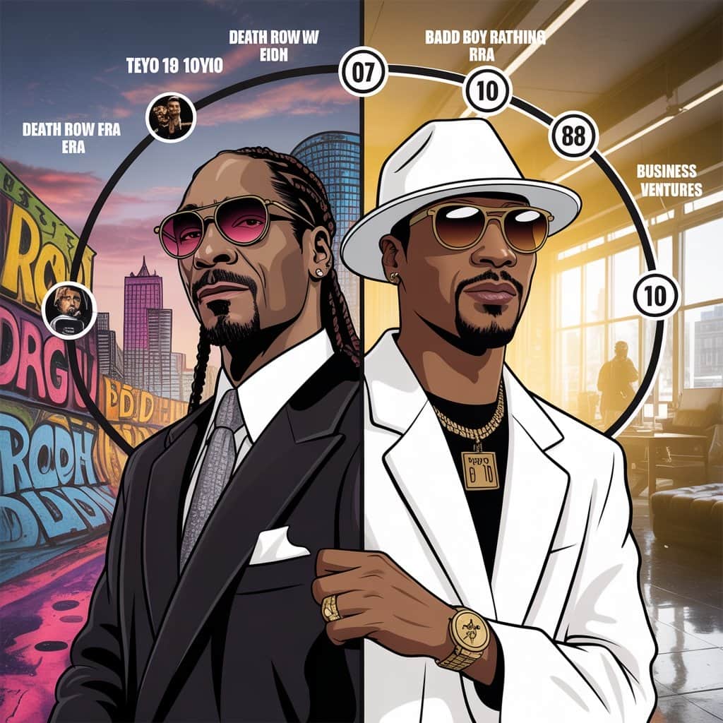 Split image showing Snoop Dogg and Diddy from the 1990s rivalry era transitioning to their modern business partnership