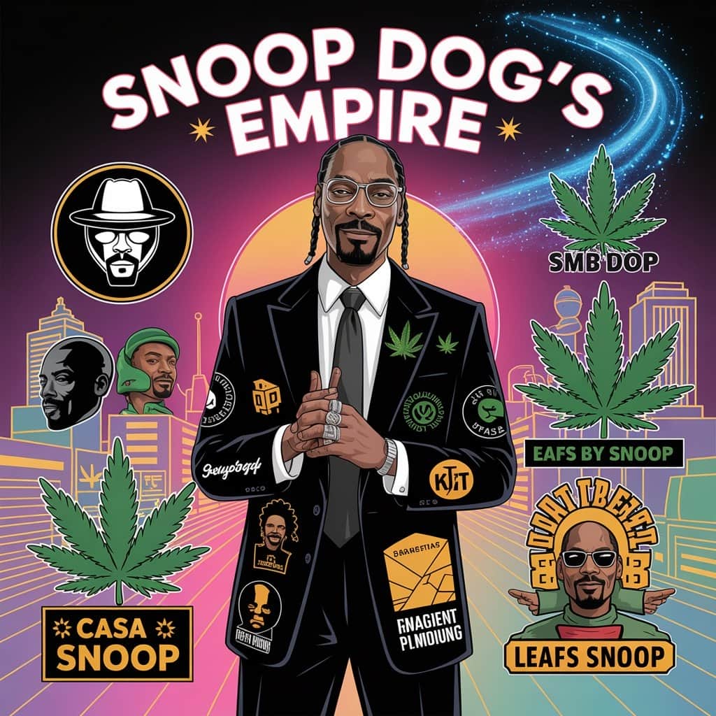 From music mogul to cannabis entrepreneur – building a diversified empire Collage showing Snoop Dogg's various business ventures including Death Row Records, Leafs by Snoop, and brand partnerships