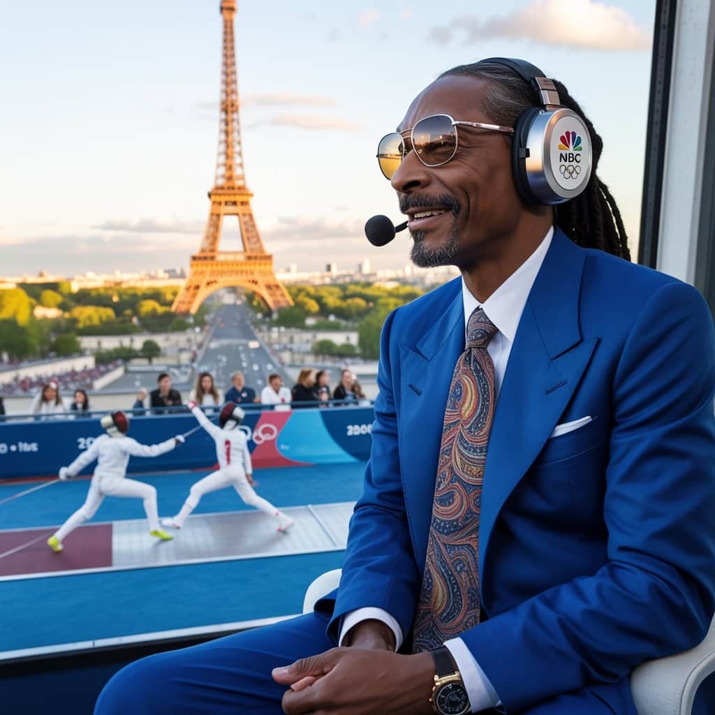 Breaking down barriers in sports broadcasting one comment at a time Snoop Dogg providing live commentary at Paris 2024 Olympics with NBC broadcasting equipment