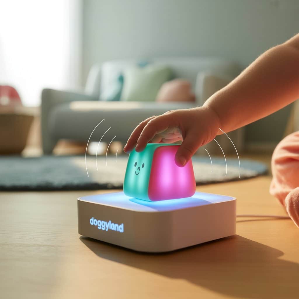Simple placement of the Bow Wizzle figure instantly begins the educational audio experience Child placing Doggyland Tonie figure on Toniebox with audio waves indicating playback