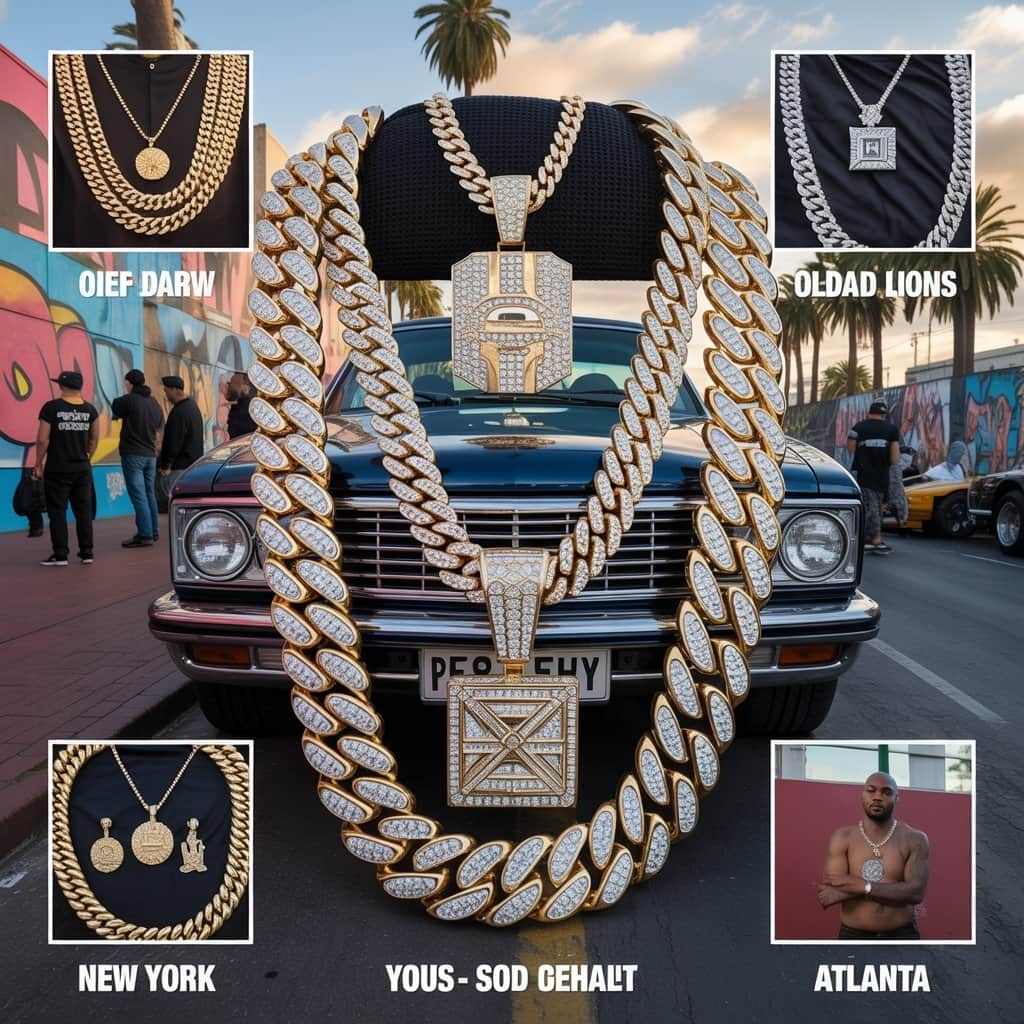 Regional styles reflect different approaches to artistic expression through accessories Comparison of West Coast versus East Coast hip-hop jewelry styles showing cultural differences